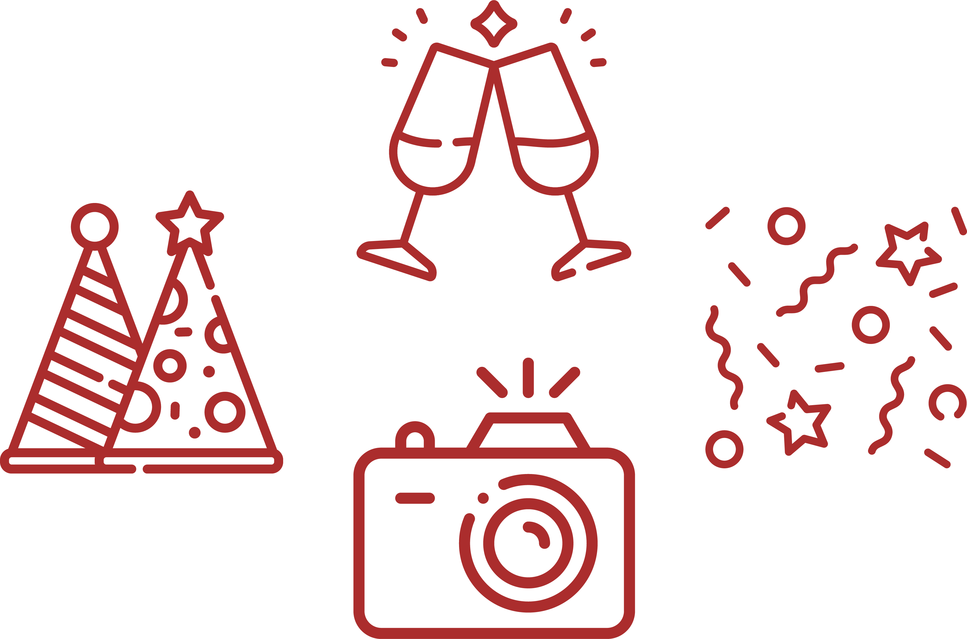 Celebratory icons including confetti, birthday hats, champagne glasses clinking, and a camera with a flash