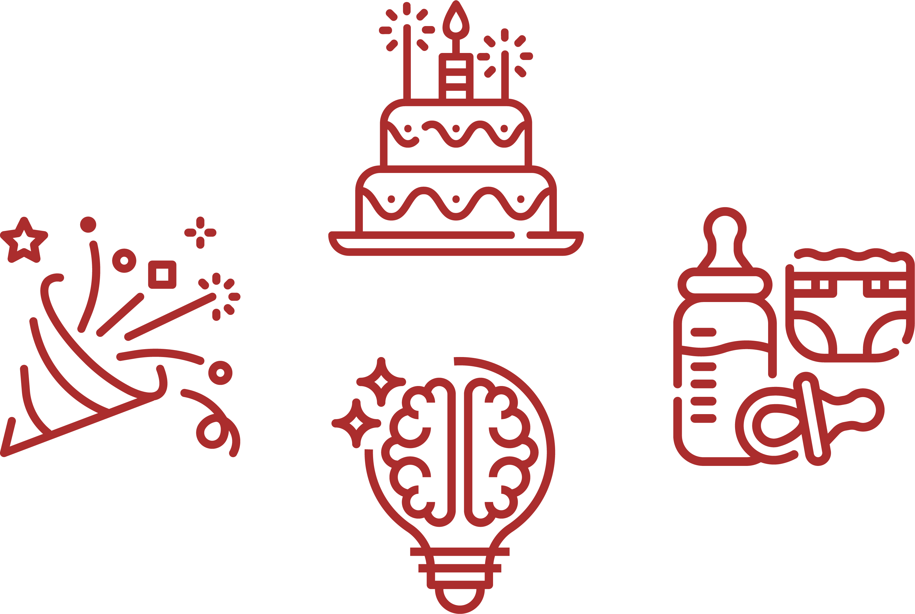 Creative icons depicting a birthday cake, baby products like a bottle, pacifier, and diaper, a lightbulb with a brain in it symbolizing creativity